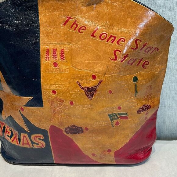 Vtg Texas Lone Star State Leather Handbag TX Flag Stamped Tooled Cities - Picture 2 of 10